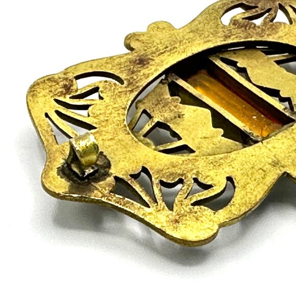 Art Nouveau Brass Brooch with Amber Glass Stones & Whiplash Scrollwork  — EUC - Picture 6 of 8